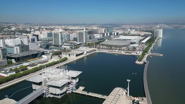 Aerial footage of Park of The Nations in Lisbon (Parque das Na&ccedil;&otilde;es)
