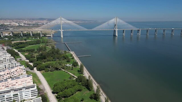 Aerial footage Vasco da Gama bridge at Park of The Nations in Lisbon (Parque das Na&ccedil;&otilde;es)