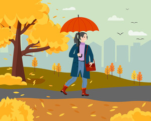The girl walks in the city park in autumn. Cityscape with autumn trees and rain. Vector illustration isolated on white background. For advertising, booklets and brochures, flyers, postcards, web pages