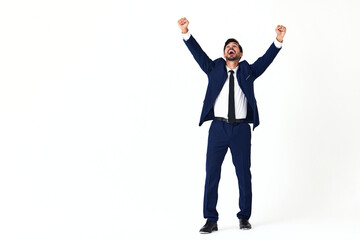 Man business smile with teeth in costume running and jumping flying up open mouth happiness and surprise full-length on white isolated background copy space 