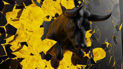 Naklejka premium One charging black bull destroys the black-orange illuminated wall in dramatic contrasting light representing financial market trends under black-white background. Concept 3D CG of stock market.