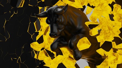 One charging black bull destroys the black-orange illuminated wall in dramatic contrasting light representing financial market trends under black-white background. Concept 3D CG of stock market.