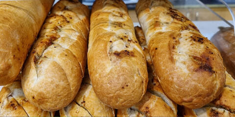 Fragrant fresh bread in the bakery.