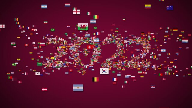 Year, 2022 the title is revealed with the flags of 32 countries. The logo reveals animation on maroon isolated background. 2022 text animation. Graphics resource. 4k video.