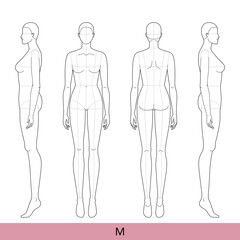 Set of M Size Women Fashion template 9 nine head Croquis with main lines Lady model skinny body figure front, 3-4, back view. Vector isolated outline sketch girl for Fashion Design, technical drawing