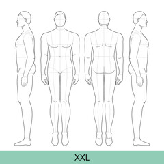 Set of XXL Size Men Fashion template 9 nine head size with main line Croquis extra large plus size figure front, side, back view. Vector outline boy for Fashion Design, Illustration, technical drawing