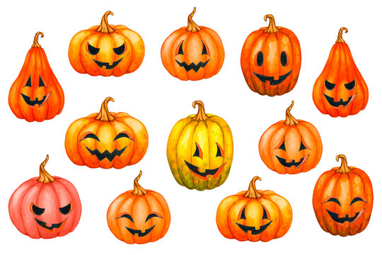 A large set of Halloween pumpkins of various shapes. Watercolor illustration for design of cards, invitations, posters, stationery, logos, prints, stickers.