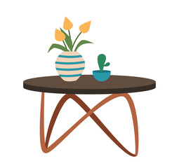 Element of home furniture. Sticker with round dining or coffee table with vase and flowers. Design element for designing interiors. Cartoon flat vector illustration isolated on white background