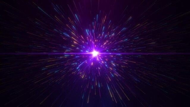 Gentle colorful cosmic flow. Fast travel in space, elegant stream, speed of light. Нуреr jump into another galaxy. Rays of neon meteors, universe explosion, endless moving through stars. Seamless loop