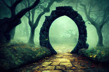 Mystery portal in old stone arch in misty autumn wood closeup. Magical path to alien world. Travelling of wizards 3d illustration - obrazy, fototapety, plakaty
