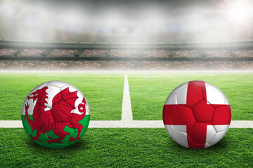 Wales versus England flag on football in Soccer Stadium With Copy Space