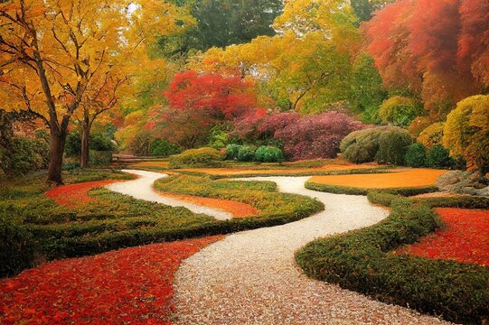 Paths Through Gardens in Autumn 2d illustration with natural abstract style