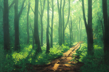 Passage in summer forest. Living arch of green trees near metal old fence, sunny light day