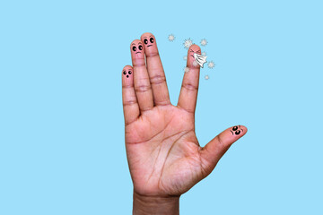 Hand with finger faces looking concerned  at one finger sneezing, hands spreading illness, flu and...
