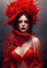 Art creepy sexywitch or vampire, revealing red dress and hat. Halloween card - 533790458