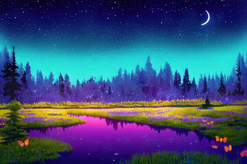 Nacht magisch bos met gloeiende vuurvliegjes en vlinders over mystieke paarse vijver onder bomen. Natuur houten landschap met maanlicht vallen op het wateroppervlak, landschap middernacht, Cartoon 2d illustratie