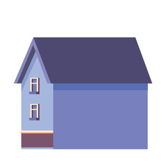 Street landscape icon. Blue two story house with dark blue roof. City building, architecture and exterior. Comfortable and cozy house. Poster or banner for website. Cartoon flat vector illustration