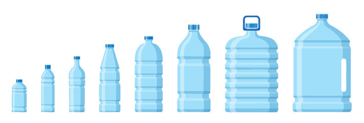 Plastic water bottles set. Various shapes clear mock up container for liquid product. Realistic aqua blue recycling pure packaging flask isolated on white background. Beverage clean glass jar