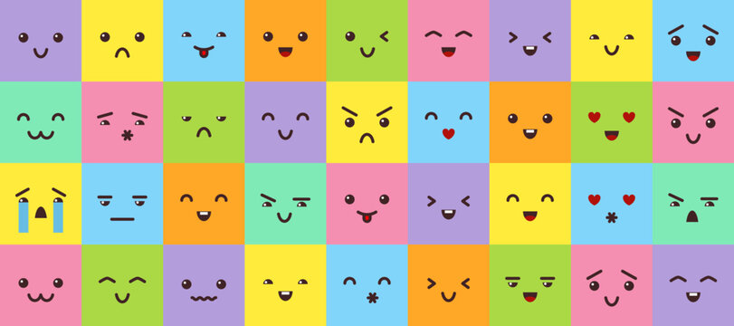 Emotion colorfull cartoon style square big flat set. Children emoji icon. Face cheerful color. Abstract person head cute symbol. Message character smile collection. Emoticon expression sign