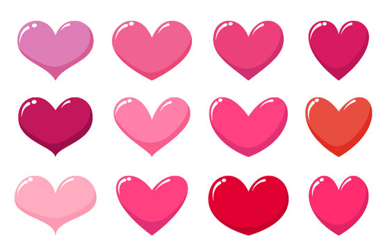 Red and pink hearts cartoon glossy icon set. Valentines Day heart shape candy. Romantic flat love sign. Like social media chat symbol. Decorative web buttons