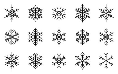 Snowflake black xmas outline isolated icon set. Christmas beautiful ornament. Holiday decoration linear symbol. Frost december element sign. Winter illustration geometric crystal flat pictogram