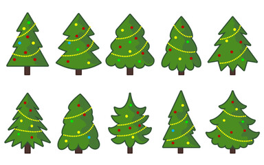 Christmas tree decorated by balls and gold garland. Green pine fir spruce Happy New Year merry xmas flat cartoon set isolated on white. Winter holiday traditional greeting card poster ornate decor