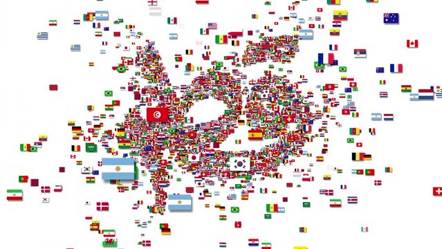 The word Qatar is written in Arabic letters. Filling an Arabic word with flags of different countries. The text reveals animation on white isolated background. 