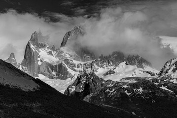 Argentina, black and white landscape of Cerro Poincenot and Fitzroy mountains, Los Glaciares National Park