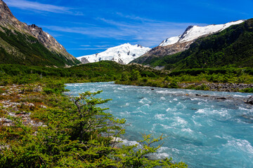Chile, Aysen. A glaciated river near at one of the headwaters of the Bravo Rivers.