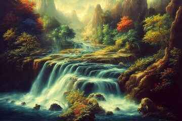 Fototapeta na wymiar 3D painting of a beautiful scenic view from an enchanted garden by a waterfall and river.