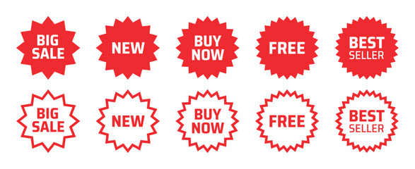 Set of red sale icon label. New, buy now, free, best seller badge symbol. Vector illustration.