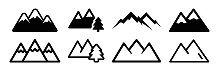 Mountain icon set in black design. Hill and forest symbol vector illustration.