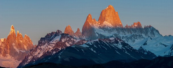 Patagonia, panorama of Cerro Fitzroy, Cerro Torre and Poincenot at sunrise, Los Glaciares National Park