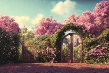 Fotobehang 3D render illustration of an magical old gate with ivy and flowers leading to an enchanting garden © 2rogan