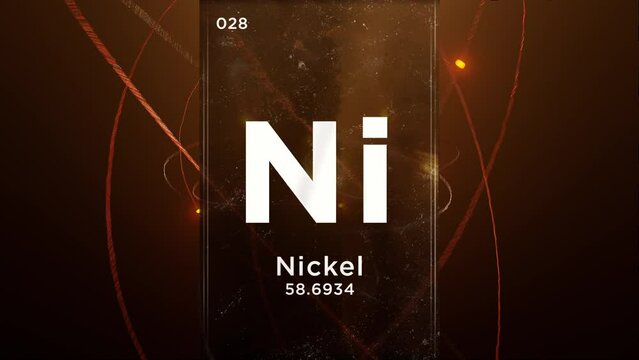 Nickel (Ni) symbol chemical element of the periodic table, 3D animation on atom design background