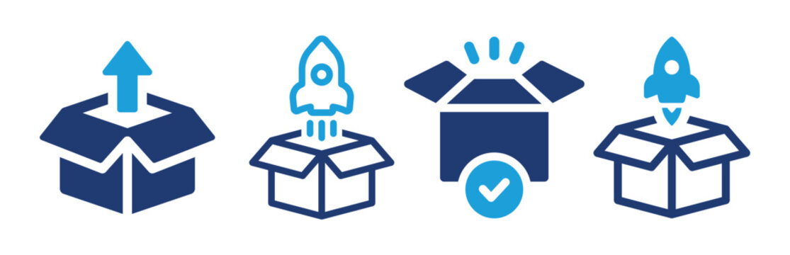 Product release icon set. Spaceship launching from box symbol vector illustration.