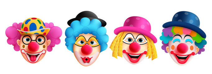 Clown characters set vector design. Birthday buffoon and joker character with funny and happy facial expression wearing colorful costume for kids party celebration. Vector Illustration. - obrazy, fototapety, plakaty