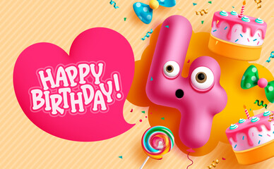 Fototapeta premium Happy birthday text vector background design. 4th birthday balloon with pink heart space for text and party elements decoration. Vector Illustration.