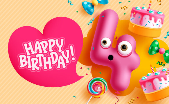 Happy birthday text vector background design. 4th birthday balloon with pink heart space for text and party elements decoration. Vector Illustration.
