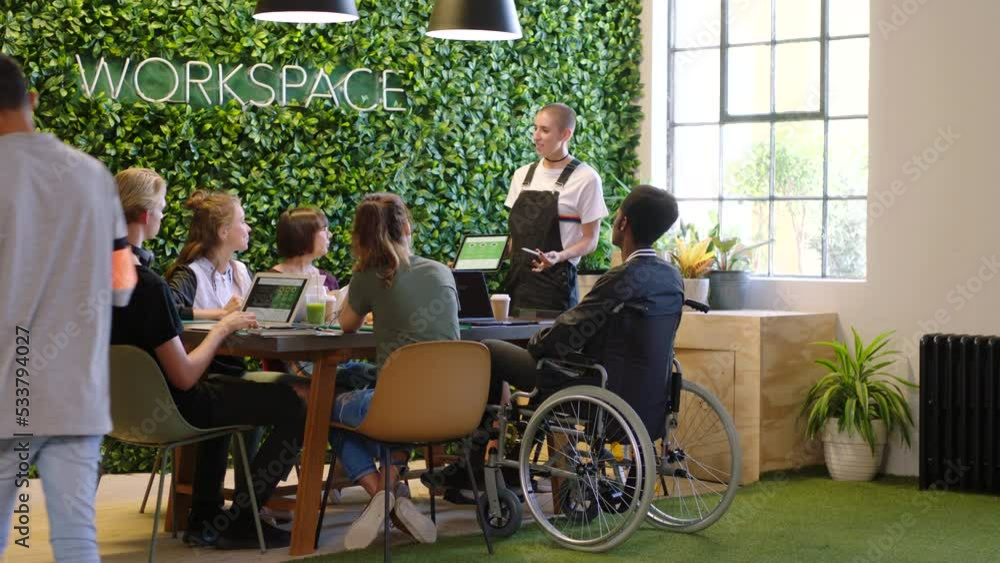 Poster workspace inclusion, meeting and creative team or web design collaboration diversity and equality fo