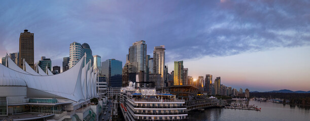 Panoramic view of Vancouver downtown Coal Harbor Marina and cruise ship terminals in Canada Place.