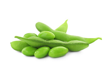 Fresh green edamame pods and beans on white background