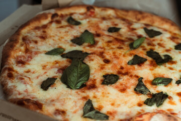 stone pizza with mozzarella cheese with tomato and basil
