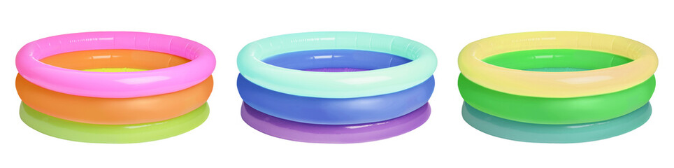 Set with different colorful inflatable rubber pools on white background. Banner design