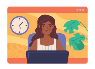 Team communication concept. Woman sitting at computer in front of clock. Remote employee and freelancer. Deadline and goal setting, time management. Online conference. Cartoon flat vector illustration
