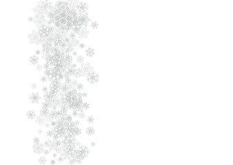 Snowflakes falling on white background. Horizontal Christmas and Happy New Year theme. Silver falling snowflakes for banner, gift card, party invitation, partner compliment and special business offers