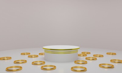 white podium with golden rings in the white room.3d rendering.	
