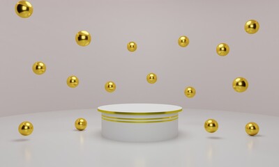 white podium and golden balls in the white room.3d rendering.	