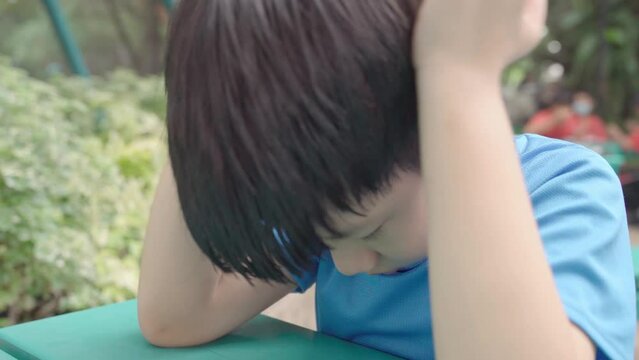 Close up of Asian autistic student child sit face down, bang and slap head with hands due to stress, anxiety and frustration. Autism stimming behavior for World Autism spectrum awareness concept
