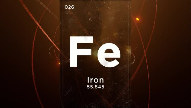 Iron (Fe) symbol chemical element of the periodic table, 3D animation on atom design background